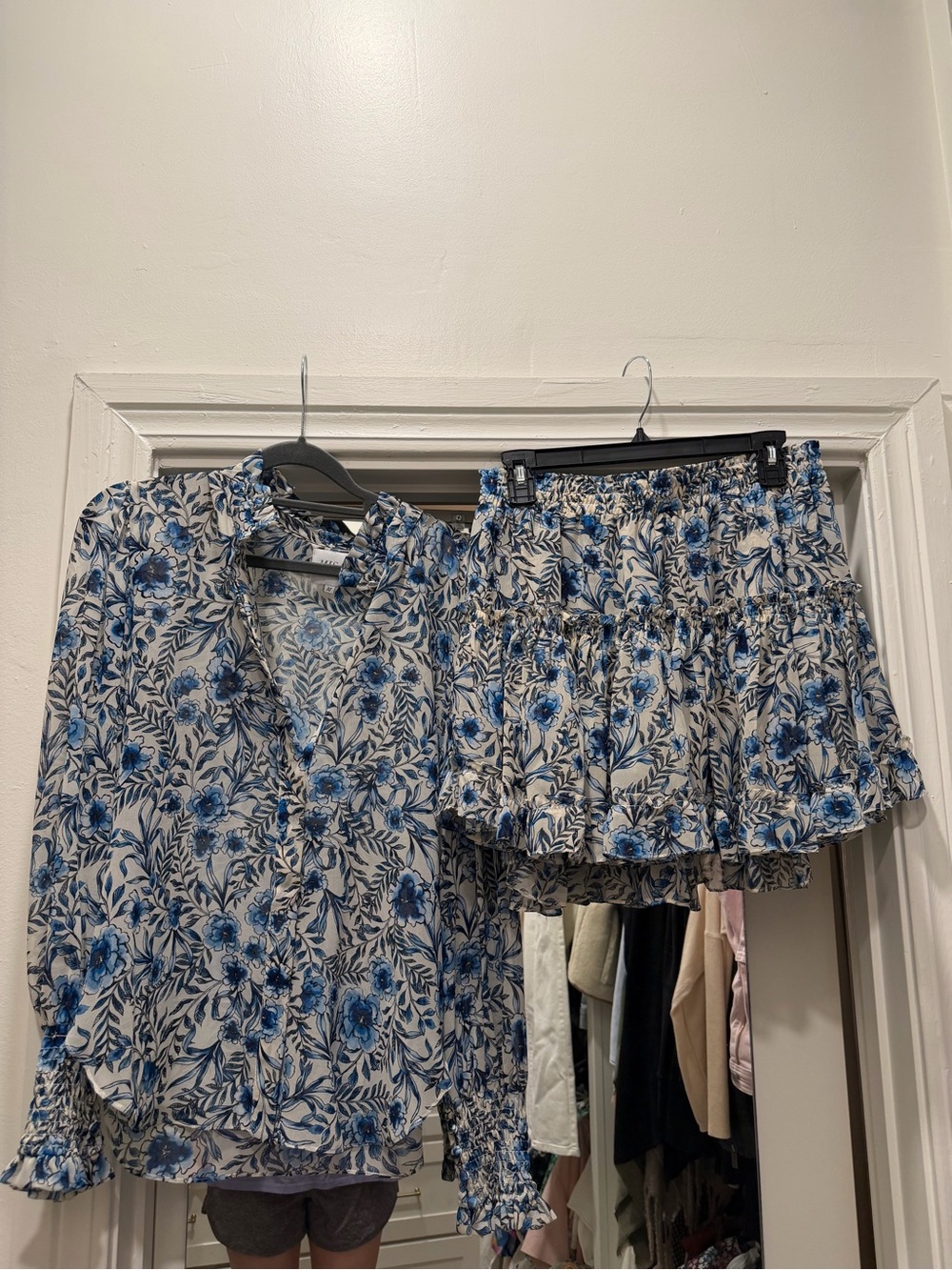 Misa - Blue Floral Two-Piece Blouse + Skirt Set